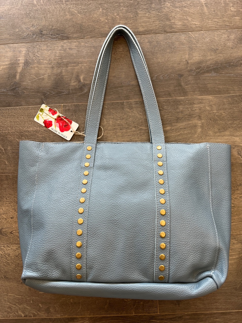 Blue Pebbled Tote with Gold Stud Accents